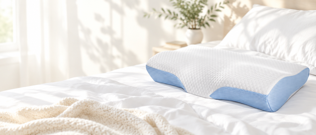 SleepCradle Contour Pillow on a bright white bed