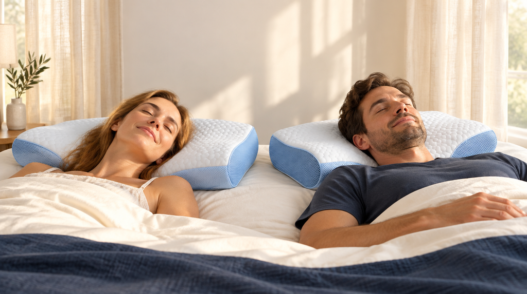 Couple waking up on SleepCradle Contour Pillows