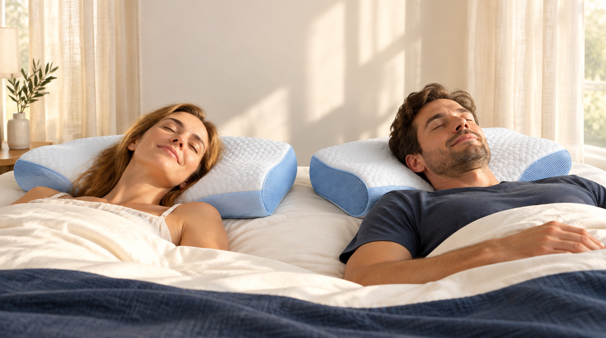 Couple waking up on SleepCradle Contour Pillows