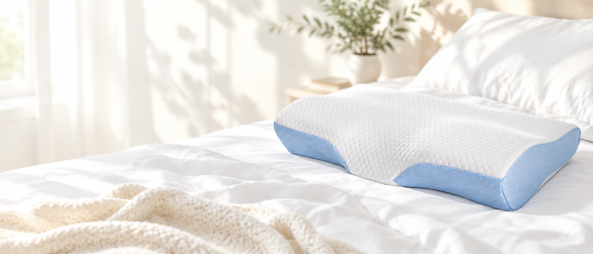 SleepCradle contour pillow on a bright white bed