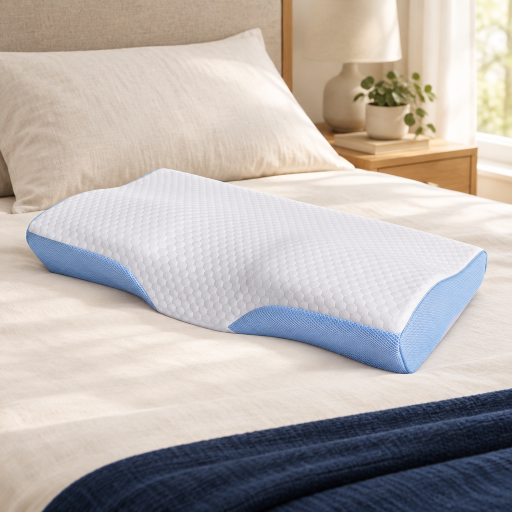 SleepCradle contour pillow on a made bed